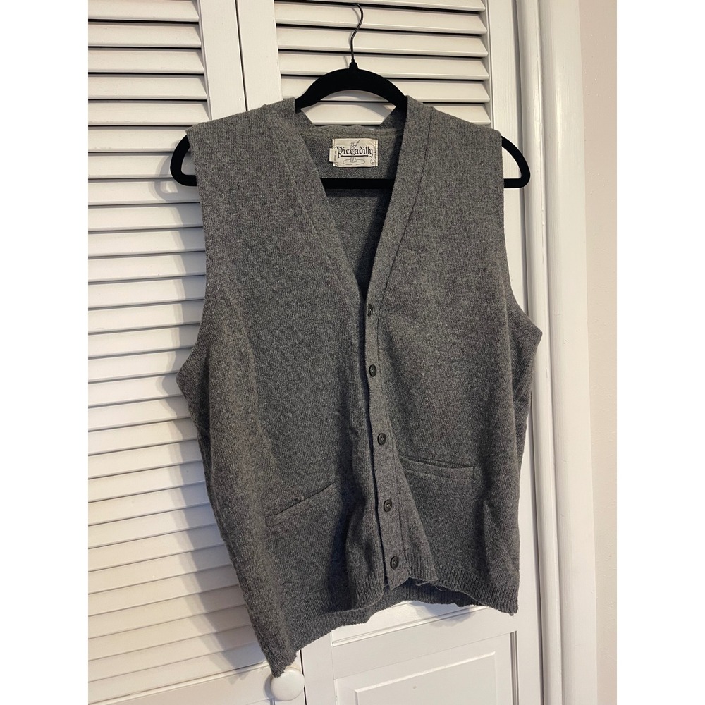 Vintage Piccadilly 80% Wool Sweater Vest Gray Button Front Size Large